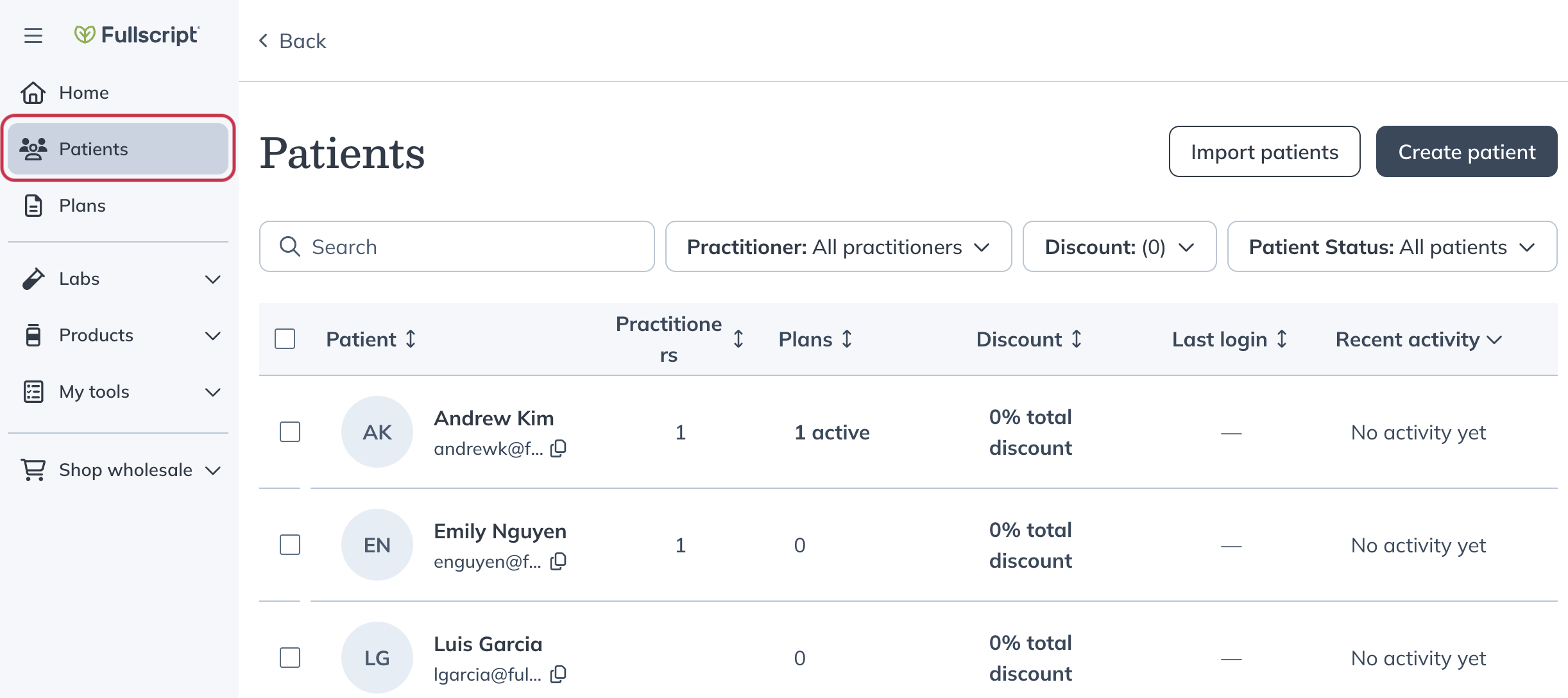 Patients tab in the left-hand navigation